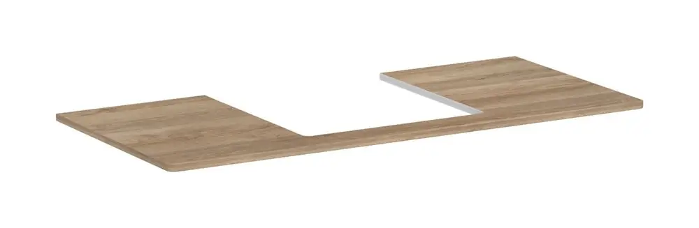 Konsole aus Holz mit mittigem Ausschnitt. Produkt von Hansgrohe, geeignet für einen Aufsatzwaschtisch. Oberfläche in Eichenoptik.
